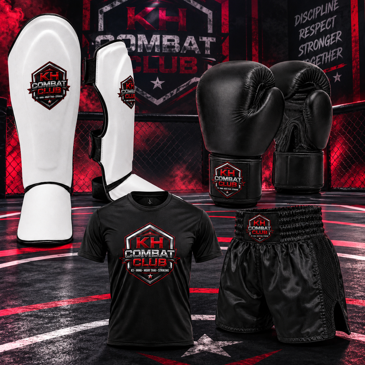 Das KH COMBAT CLUB Starterset: Schienbein-Spannschutz, Boxhandschuhe, T-Shirt und Fight-Shorts im Club-Design